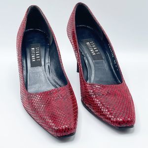 Stuart Weitzman red leather snake print block heels Narrow fit